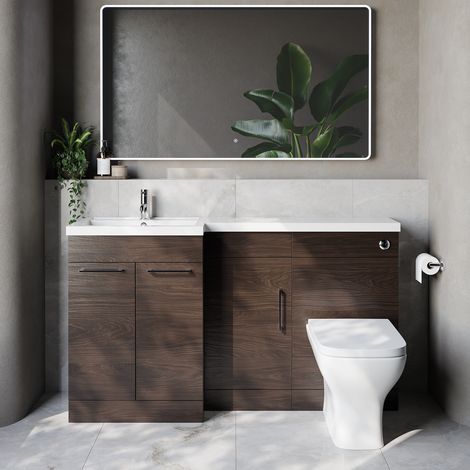 Napoli 390 Brown Oak 1500mm 3 Door Vanity Unit Toilet Suite with Left Hand Square Lucia Basin - 1500mm - Chrome 160mm HandleWith Kingston Toilet Pan and Seat
