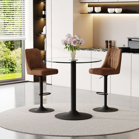 Ensemble table et chaises, table ronde Ø89 cm en verre avec 2 tabourets pivotants réglables, tissu brun