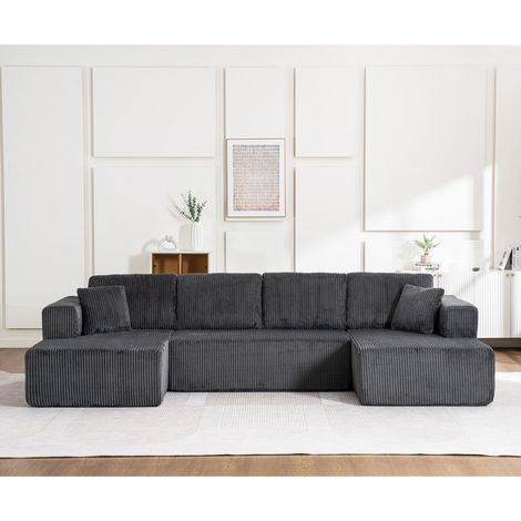 Canapé d'Angle en U 332x156x88cm - Modulaire Sectionnel sans Montage Moelleux Confort XXL avec 6 Coussins - Velours Côtelé Gris (1/5)