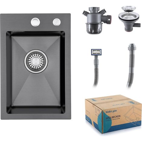 Evier Inox 1 Bac Avec Siphon Évier de Cuisine 2 Trou de Robinet 30×45 cm (1/5)
