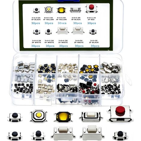 Pièces Boutons poussoirs tactiles Micro Momentary Tact Assortiment Kit, Micro Interrupteur Momentanée pour Clé de Télécommande de Voiture, avec Boîte en Plastique (1/5)