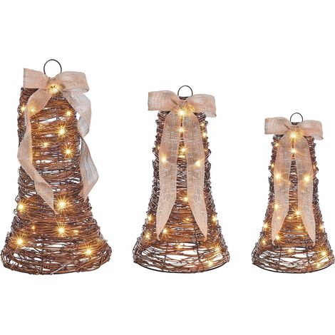 Set di 3 campane natalizie decorative in rattan marroni con fiocchi e luci LED bianco caldo da appendere per interni Luosto (1/5)