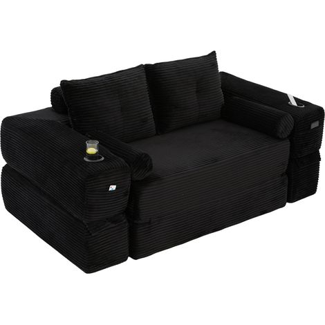 Sofá cama de 2 plazas en pana negra con espuma de alta densidad y bolsillos laterales (1/5)
