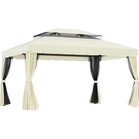 Tonnelle de jardin 4 x 3 m avec moustiquaire, rideaux et double toit en aluminium et polyester, couleur crème
