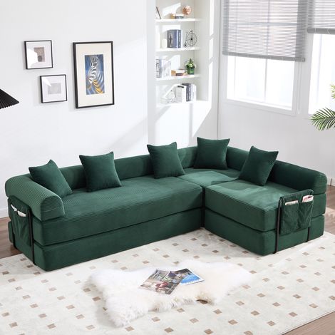Canapé modulable convertible en velours côtelé vert émeraude, avec rangement latéral, assise flexible et couchage d’appoint, 270 x 180 x 64 cm – CHICFURN (1/5)