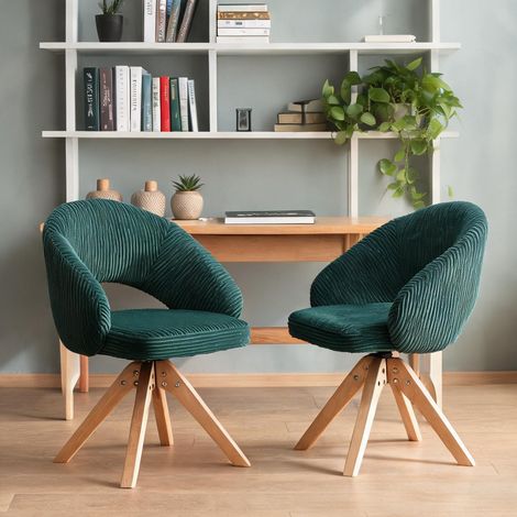 Lot de 2 chaises pivotantes en velours vert et bois massif (1/5)