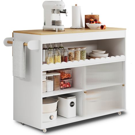 Isola cucina pieghevole CHICFURN 122 x 46(69) x 91 cm, MDF bianco e naturale, ante in vetro (1/5)