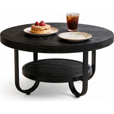 ELVMI Runder Couchtisch mit 2 Ebenen und Unterer Ablage für Wohnzimmer, MDF und Metall, Schwarz, Industrieller Stil (1/5)