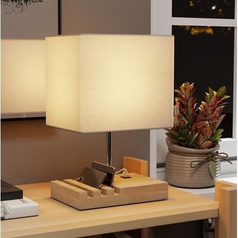 Lampada da comodino con porte USB-A e USB-C, E27, legno e tessuto, bianca HAVRYA