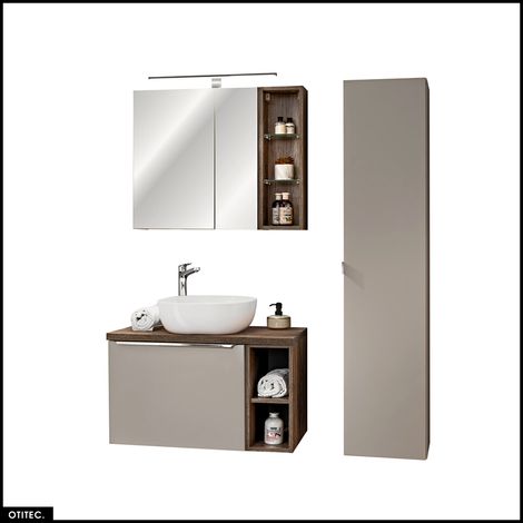 Set de meubles de salle de bain - 80 cm - avec Vasque à poser et Plan - Colonne - Meuble Miroir LED - BOLD TAUPE (1/5)