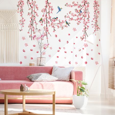 Pegatinas de pared de flores de cerezo rosas, vinilo decorativo floral para pared, ramas, enredaderas, pájaros, decoración de pared para dormitorio, sala de estar, ventana