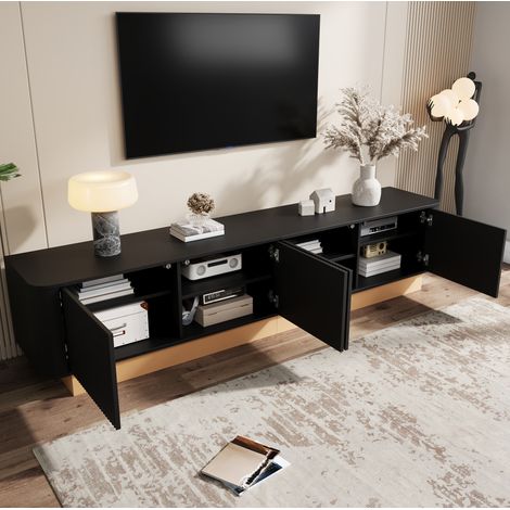 Mueble TV de 200 cm con 4 puertas, estantes ajustables y pasacables, negro DESVIAE (1/5)