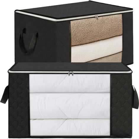 Sac de Rangement pour Vetement, 2PCS 90L Couette Pliables, Sous Lit avec Poignée Renforcée Literie Couvertures Oreillers Jouets Vestes, 60x44x35CM Noir, (Quilt storage bag) (1/5)