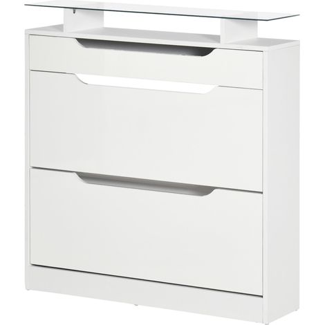 Meuble de rangement chaussures design et compact, armoire à 2 vantaux inclinables + tiroir, bois et verre, dimensions 89x23x96 cm, finition blanc, idéal couloir ou entrée. (1/5)