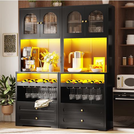 Buffet haut noir avec portes vitrées arquées, LED App, range-bouteilles, USB, 140x40x180 cm (1/5)