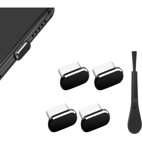 Lot de 4 capuchons anti-poussière USB-C avec brosse de nettoyage - Bouchons anti-poussière USB-C - Compatible avec tous les appareils USB-C - Métal - Noir (1/5)