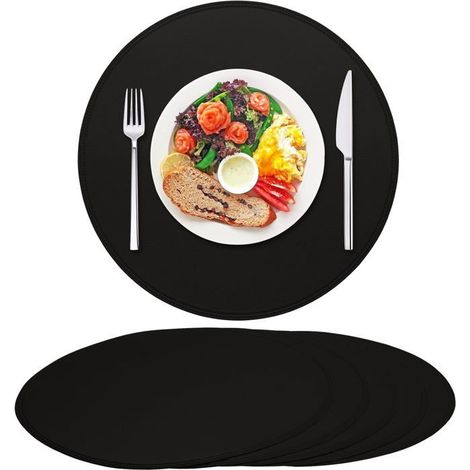 Ecleanfy - Sets de table ronds en similicuir - Noirs - Lot de 6 - 38 cm de diamètre, adaptés à la décoration de tables et de comptoirs. (1/5)