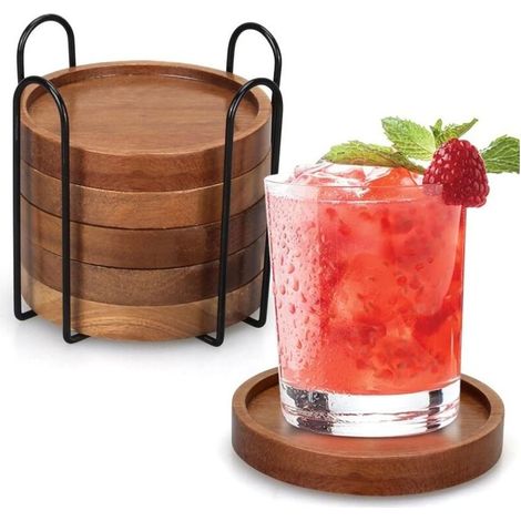 Dessous de verre en bois marron avec support pour table basse, dessous de verre absorbants pour protéger le dessus de table, lot de 6 (1/5)