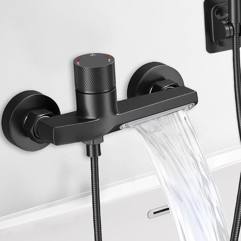 Mitigeur de Douche Thermostatique Mural Noir, Robinet Cascade en Laiton Massif, 2 Sorties d'eau, Raccord Standard Européen G1/2 pour Salle de Bain, Entraxe 150mm