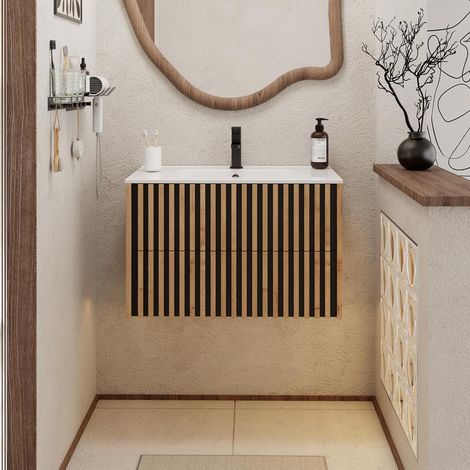 UEV Mobiletto Bagno Sospeso da 80CM con Lavabo in Ceramica, Mobiletti Lavabo Incluso con 2 Cassetti da Archiviazione, Lavadino Bagno con Mobile Moderno e Pratico, Bianco Avorio