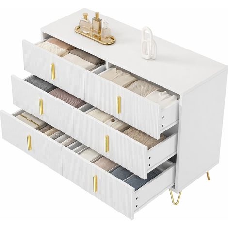Credenza moderna bianca e oro con 6 cassetti, 120 cm, design minimale e piedini alti 15 cm, mobile multiuso per soggiorno, sala da pranzo e camera  CHICFURN (1/5)