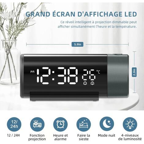 Sveglia Proiettore da Parete 180°, Grande Schermo LED, Orologio Digitale, 4 Livelli di Luminosità, Funzione Snooze, per Camera e Ufficio (1/4)