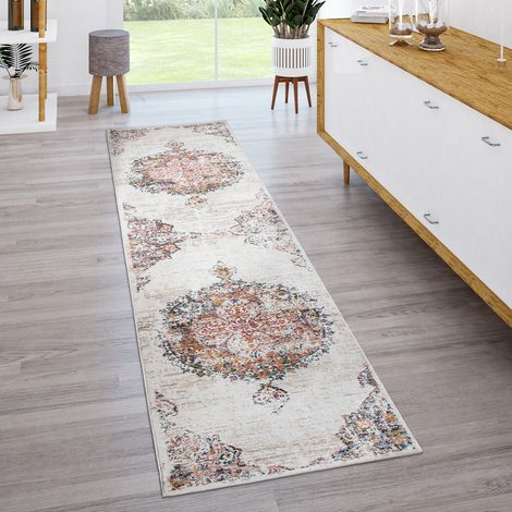 Paco Home Teppich Wohnzimmer Kurzflor Vintage Moderne Orient Optik Abstrakt Beige Gelb Blau 60x100 cm