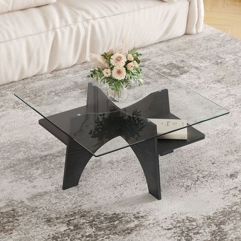 Table basse 80 cm, plateau verre trempé, Table basse salon, piètement MDF noir, tablette inférieure, facile d'entretien (1/5)