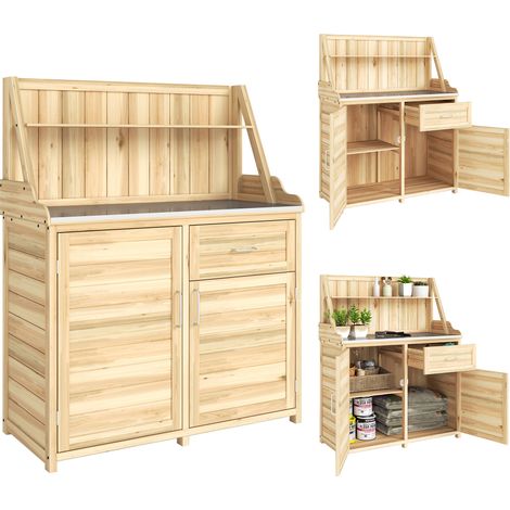 Gartenschrank aus Holz mit verzinkter Arbeitsplatte, Schublade und Ablage, 100 x 45 x 129,5 cm, natürliche Aufbewahrungsmöglichkeit für den Außenbereich