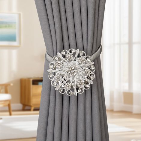 Lot de 2 Embrasses Rideau Aimantées Luxe Léger Européen Fleur Cristal Perle Argent – Attaches Magnétiques Alliage Fil à Ressort Acier Sans Perçage, Boucles Déco Flocon Vintage Moderne Salon Chambre Vo (1/5)