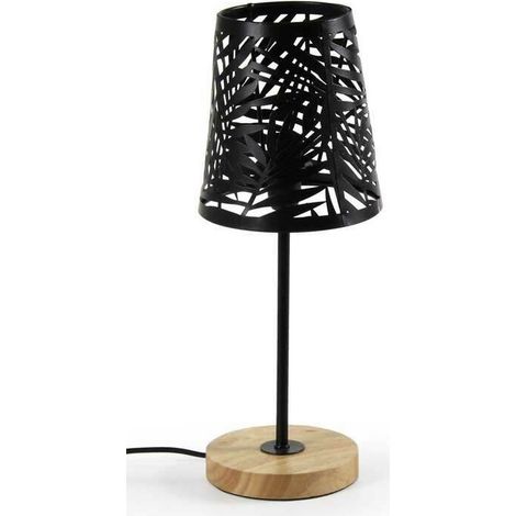 LAMPADA DA TAVOLO CON PARALUME A FOGLIA NERO E BASE TONDA IN LEGNO 14 X 35 CM (1/3)