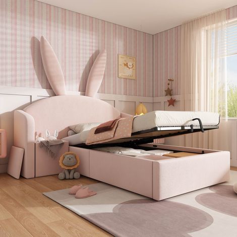 Lit enfant capitonné 90x190 cm avec table de chevet et rangement hydraulique tête de lit oreilles de lapin Velours Rose (1/5)