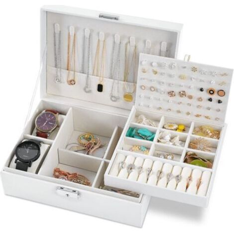 Freosen – Boîte à bijoux femme 2 couches en cuir PU – Rangement sécurisé avec clé – Compartiments pour 54 paires de boucles d'oreilles et montres (1/5)
