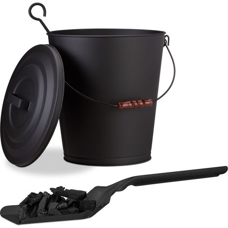 2 tlg. Kaminreinigungs-Set, Ascheeimer, Kohlenschaufel, Stahl, Deckel, Henkel, Holzgriff, flach, robust, 24 L, schwarz (1/5)