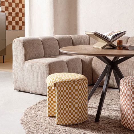 Tabouret design rembourré 45x45x47 cm en tissu jaune et blanc