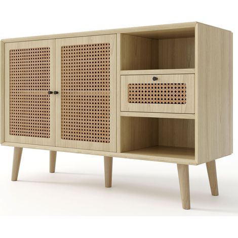 Aparador con 1 cajón y 2 puertas magnéticas de ratán, estantes regulables, roble 120x40x80 cm (1/5)