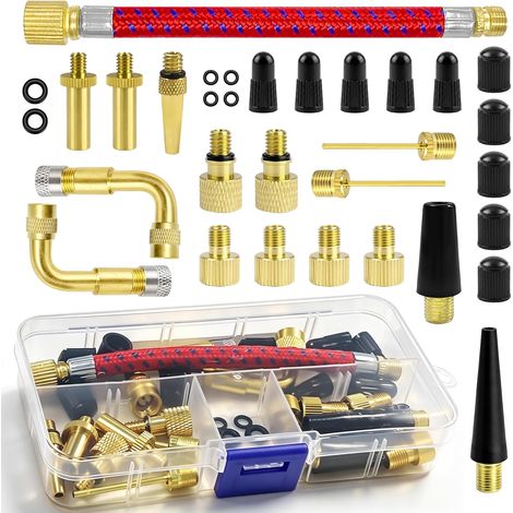 Set di 32 adattatori per valvole di bicicletta (oro) Compatibile con valvole DV, SV e francesi, include tubo di gonfiaggio per biciclette, palloni e attrezzature gonfiabili. (1/5)