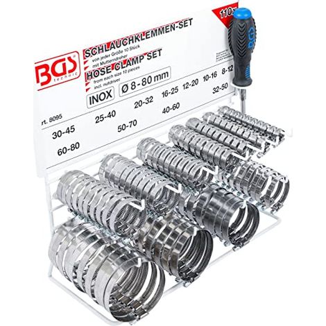 Assortimento di fascette stringitubo BGS in acciaio inox su espositore da 111 pezzi - 8095 (1/4)