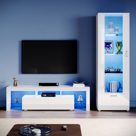 ELEGANT Living Room Set Modern High Gloss Fronts with LED Light, 1600mm TV Stand, Display Cabinet with Glass Shelf Tall Storage Cabinet, White (1/5)