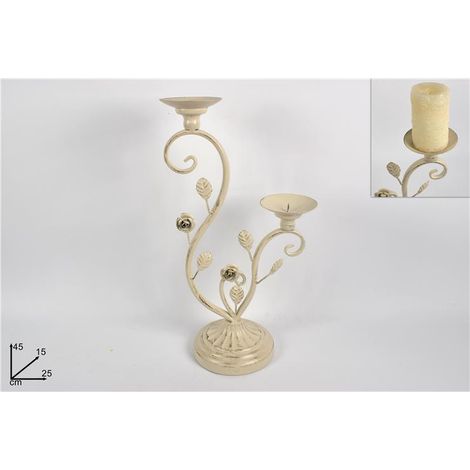 Portacandela Candeliere in Ferro 2 Posti Beige Anticato 45 x 25 cm (1/2)
