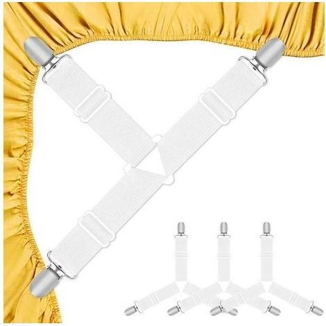 Tendeur Drap Housse, Set de 4 Pièces Blanches Aattache Drap Housse, Élastiques Ajustables Sangle Drap Housse avec Pinces Métalliques pour Draps de lit, Housses de Matelas, Coussins de Canapé (1/5)