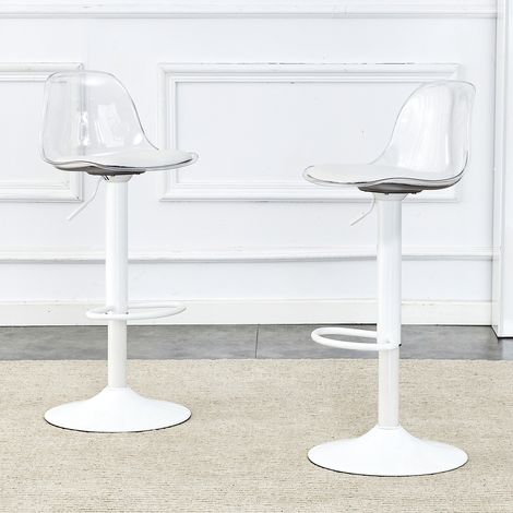 REDOM Lot de 2 tabouret de bar réglable 82-104 cm dossier transparent ergonomique siège 360° pieds métal blanc (1/5)