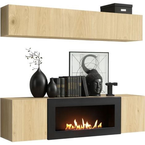 Composizione murale FLY – Rovere chiaro – Vetrina orizzontale e mobile TV con camino a bioetanolo