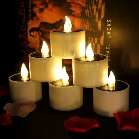 6 bougies solaires scintillantes alimentées par l'énergie solaire sans flamme LED bougie thé parfait pour Nol, décoration de la Saint-Valentin, pièce matresse de fête, anniversaire, mariag (1/4)