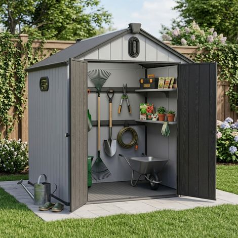 Abri de Jardin 6x8 en Plastique Cabanon de Rangement Extérieur Double Paroi pour Outils Tondeuse avec Portes 180° (1/5)
