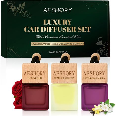 AESHORY Florales Car Perfume Bottle 3 x 8 ml Hanging Car Fragrance Diffuser Car Air Fresheners Car Fragrance Lavender & Vanilla Rose & Oud Jasmine & Green Tea (1/5)