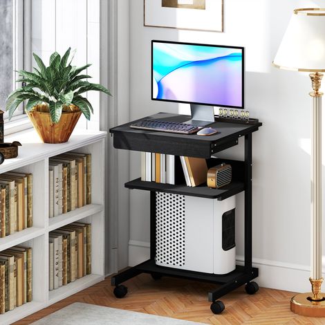 Escritorio para ordenador, escritorio de oficina con cajón y 4 ruedas, mesa para PC de 56x51 cm con 2 estantes abiertos, estación de trabajo con soporte para CPU para estudio, negro (1/5)