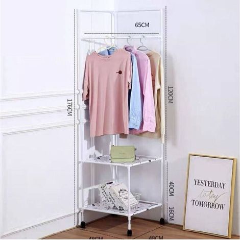 – Porte-manteau d'angle en métal blanc – 2 étagères multifonctionnelles – Design optimisé pour espaces réduits – Charge maximale 20kg