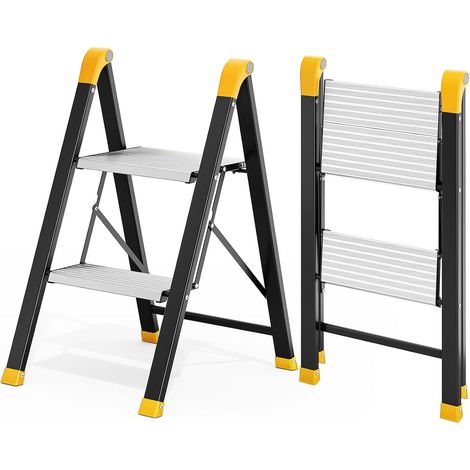 Escabeau 2 marches Aluminium antidérapant, 150kg Noir Escabeau pliant aluminium marches antidérapantes, charge 150kg, argent noir pour maison cuisine bureau (1/5)