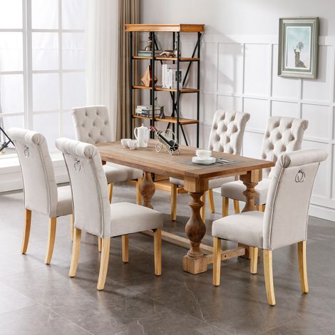 Lot de 6 chaises salle à manger / salon, velours beige, pieds en chêne, dossier capitonné boutons (1/5)